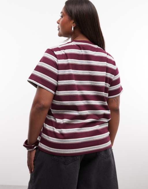 Noisy May Curve - T-shirt squadrata bordeaux e crema a righe, 3 di 4