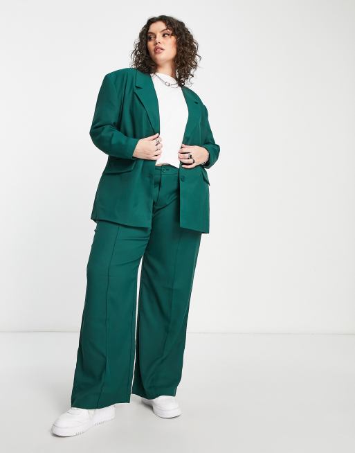 Noisy May tailored blazer and wide leg pants set in dark green, 2 of 3