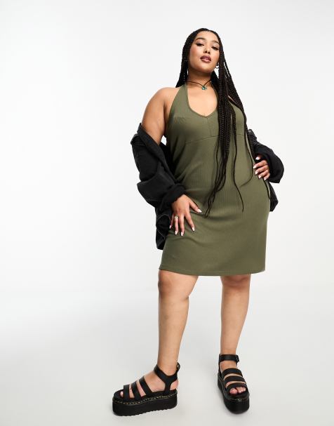 Noisy May Curve textured halter neck mini skater dress in khaki - view 1