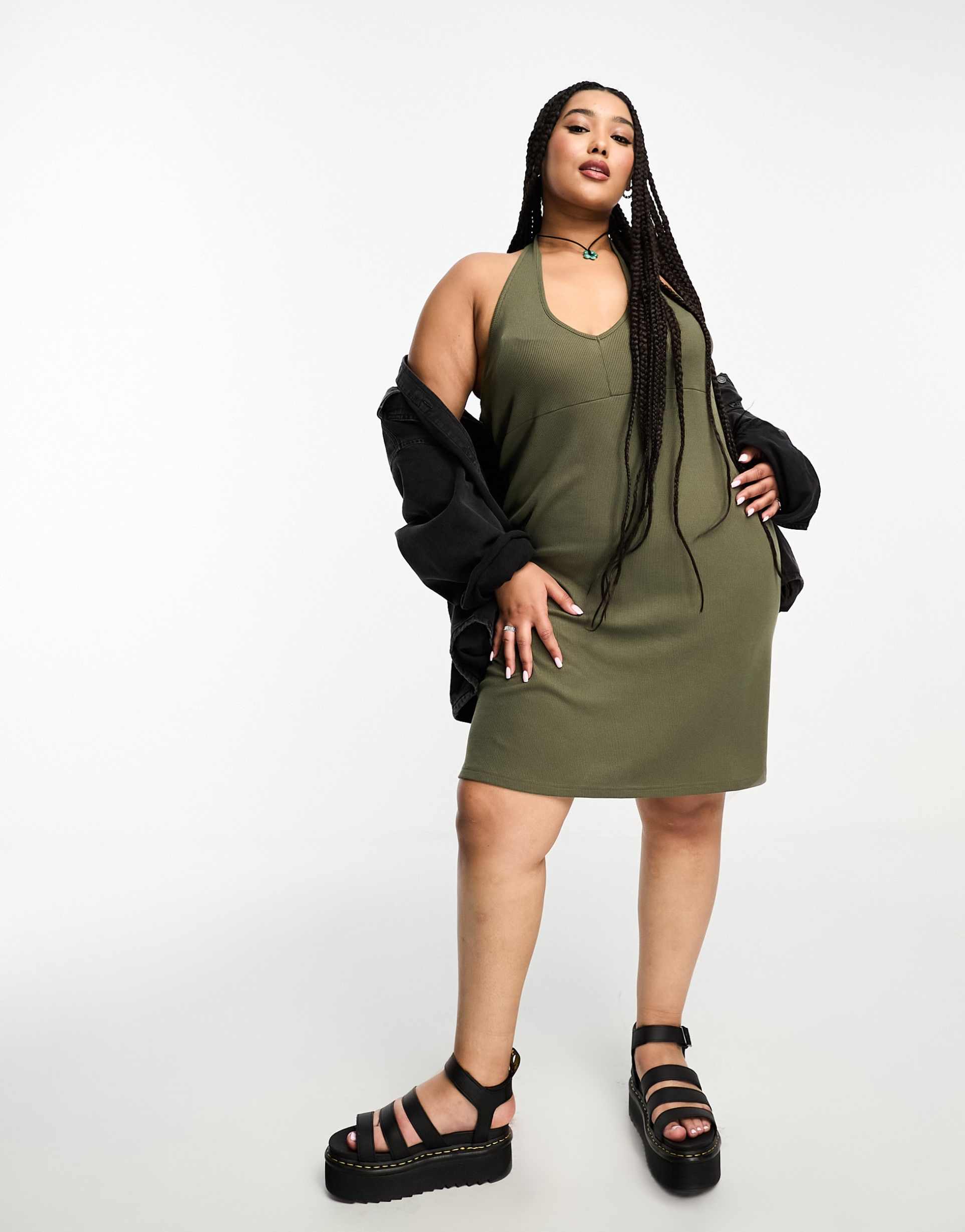 noisy may curve textured halter neck mini skater dress in khaki