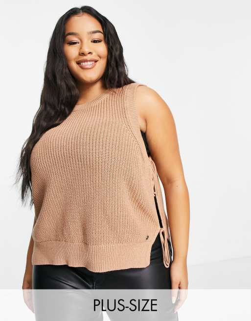 Noisy May Curve tie detail knitted vest in camel