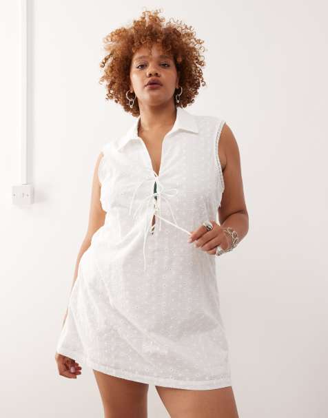 Noisy May Curve tie front broderie polo dress in white - view 1