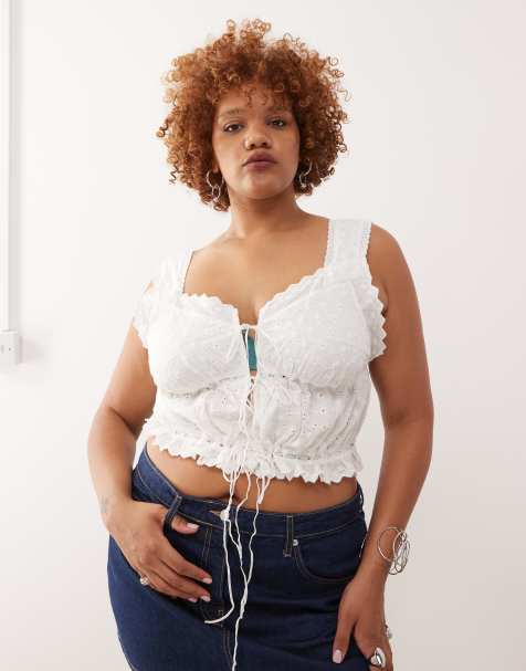 Noisy May Curve tie front broderie top in white - view 1