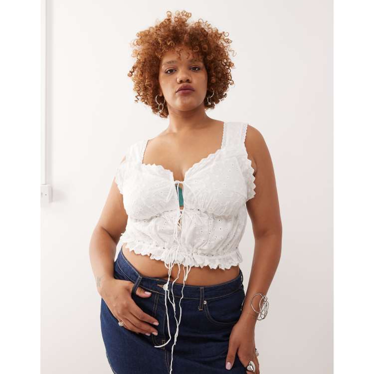 Noisy May Curve tie front broderie top in white | ASOS