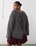 [Noisy May Curve] Noisy May Curve tie front reversible jumper in charcoal-Grey 44 Dark Grey Melange