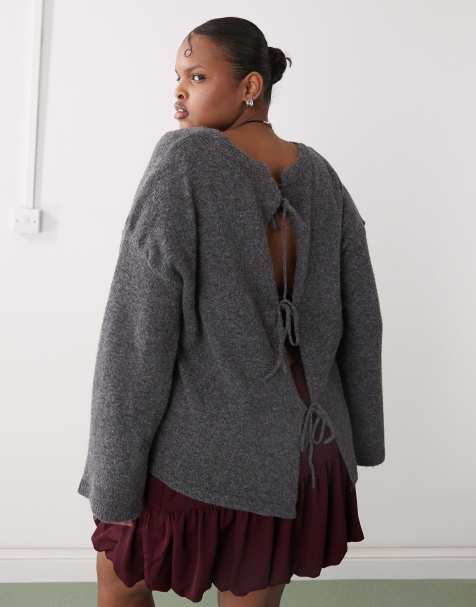 Noisy May Curve tie front reversible sweater in charcoal - view 1