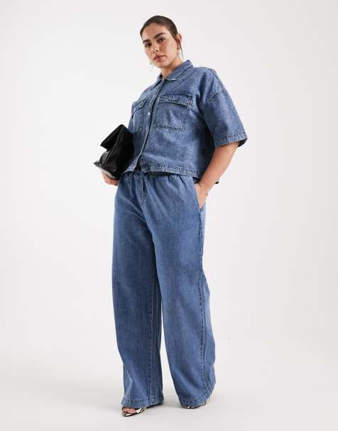 Noisy May Curve tie waist wide leg jeans co-ord in mid blue denim