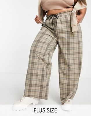 Noisy May Curve tie waist wide leg trousers in beige check