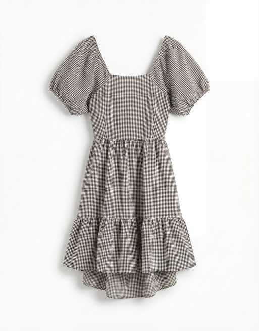 Noisy May Curve tiered seersucker mini dress with open tie back in chocolate gingham, 5 of 11