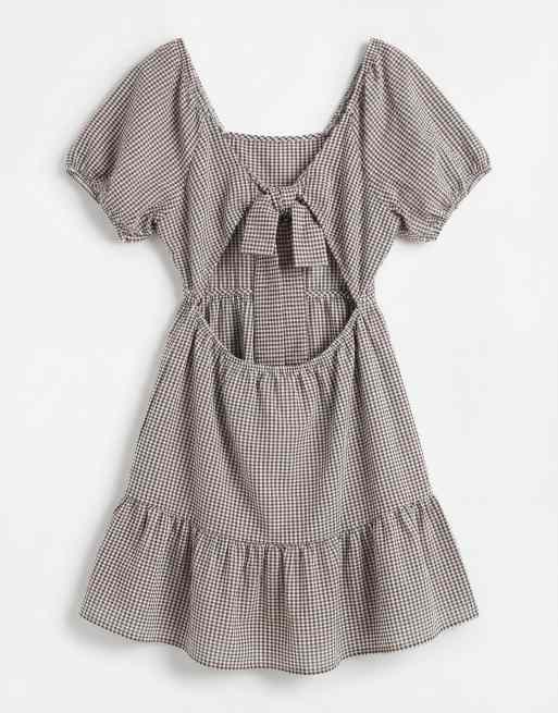 Noisy May Curve tiered seersucker mini dress with open tie back in chocolate gingham, 6 of 11