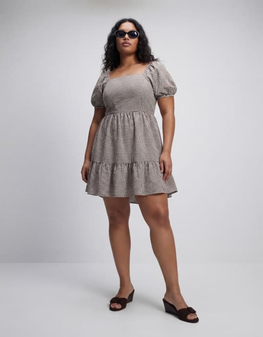 Noisy May Curve tiered seersucker mini dress with open tie back in chocolate gingham, 8 of 11