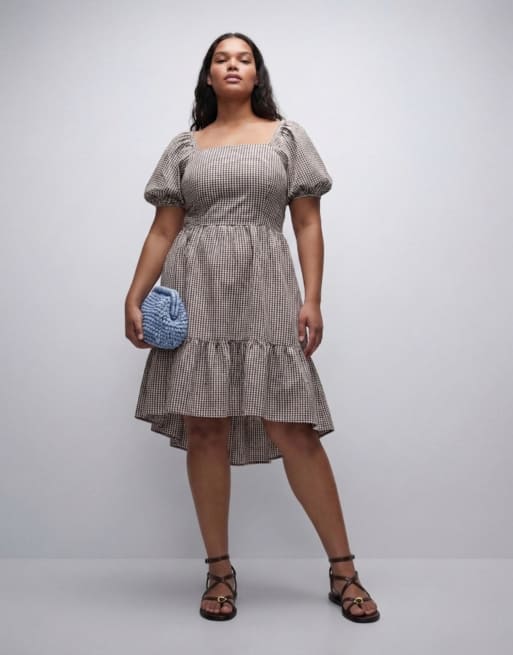 Noisy May Curve tiered seersucker mini dress with open tie back in chocolate gingham, 9 of 11