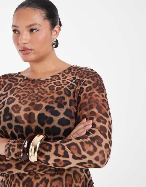Noisy May Curve top de malla de manga larga con estampado de leopardo, 3 de 4