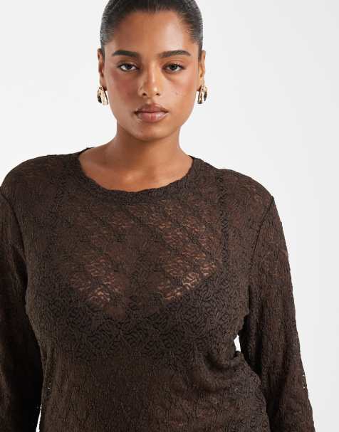 Noisy May Curve top en dentelle à manches longues couleur chocolat - view 1