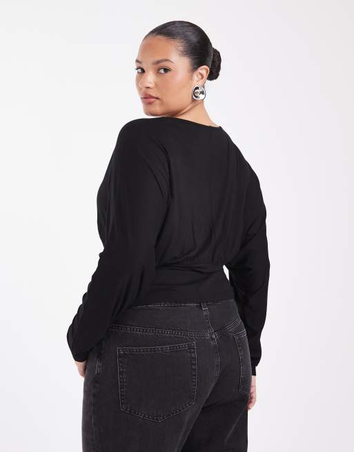 Noisy May Curve v-neck cinch top in black, 3 of 4
