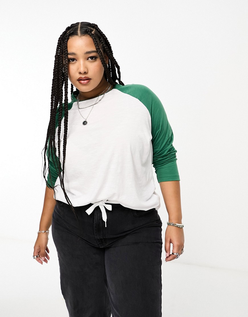 Noisy May Curve varsity t-shirt in white & forest green-Multi