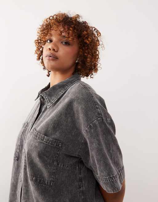 Noisy May Curve - Vestito camicia corto in denim color grigio slavato, 2 di 4