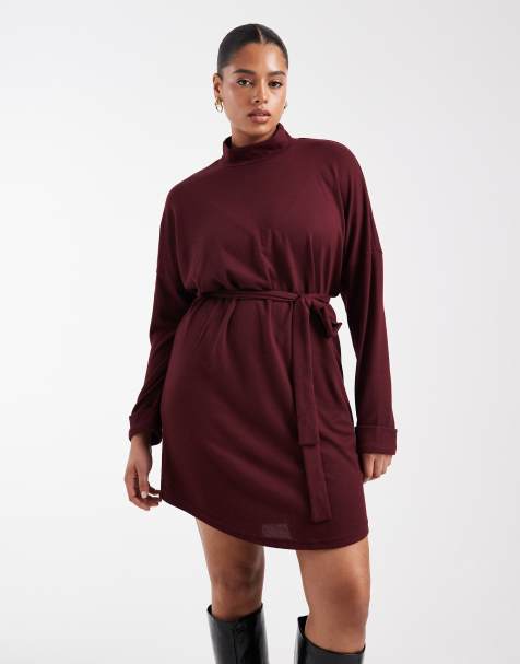 Noisy May Curve - Vestito maglia accollato allacciato in vita bordeaux - view 1