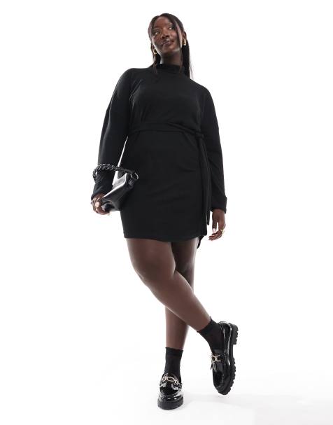 Noisy May Curve - Vestito maglia corto nero allacciato in vita e accollato - view 1