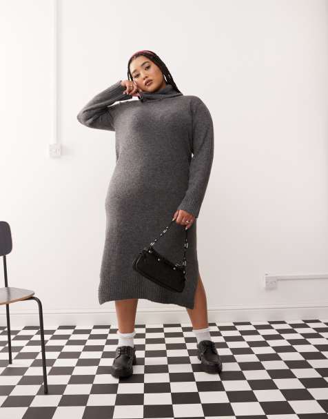 Noisy May Curve - Vestito maglia midi accollato grigio - view 1
