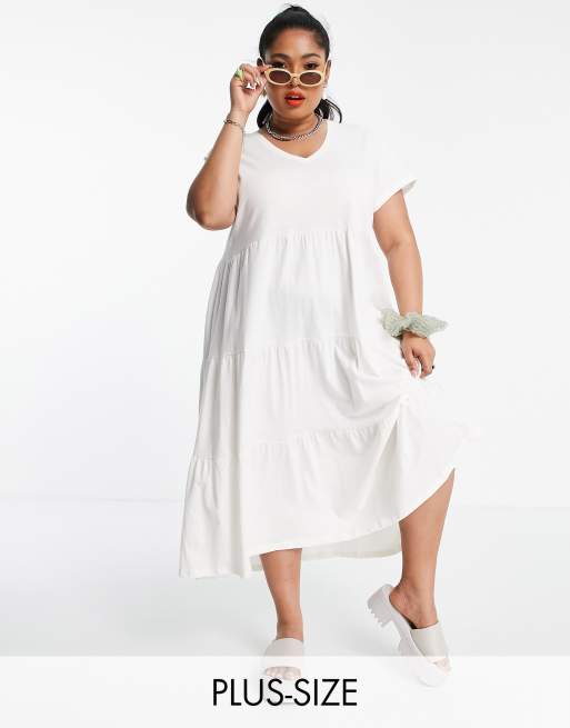 Noisy May Curve - Vestito midi bianco con scollo a V a balze
