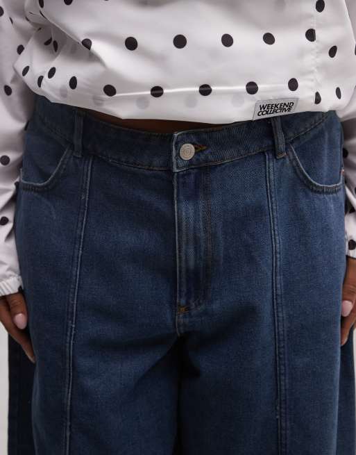 Noisy May Curve – Weite Jeansshorts in Mittelblau mit Ziernaht, 3 von 5