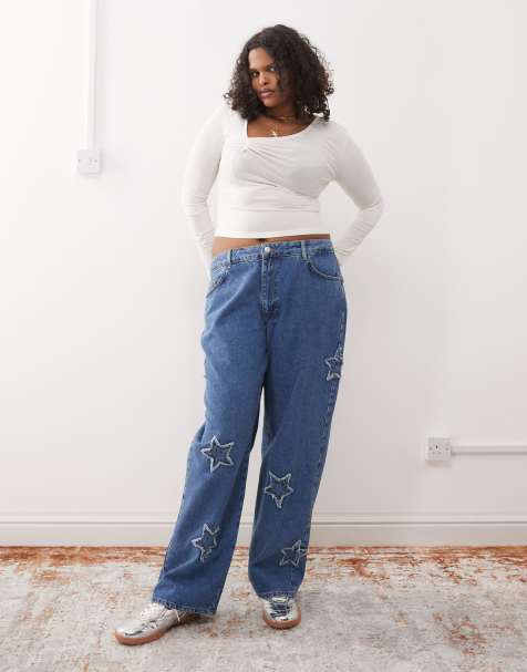 Noisy May Curve wide leg jeans with star patches in mid wash blue - view 1