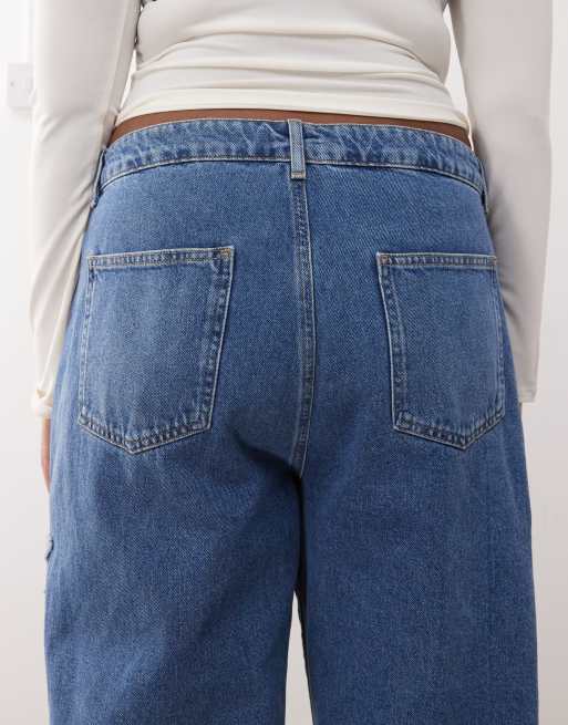 Noisy May Curve wide leg jeans with star patches in mid wash blue, 4 of 5