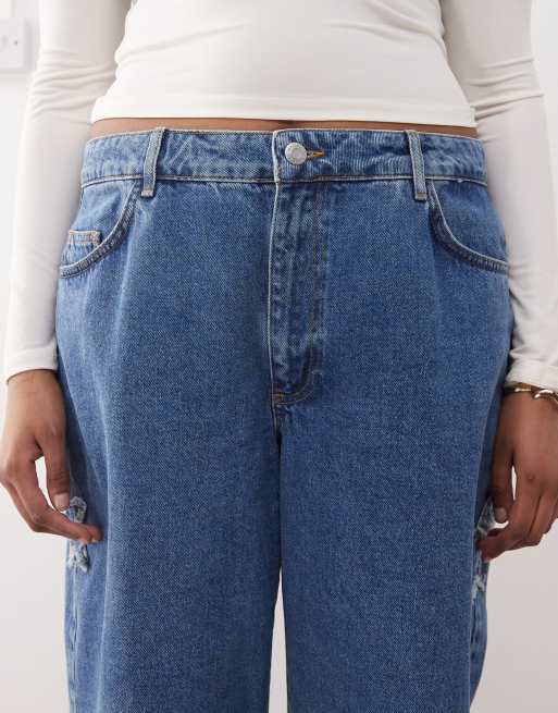 Noisy May Curve wide leg jeans with star patches in mid wash blue, 5 of 5
