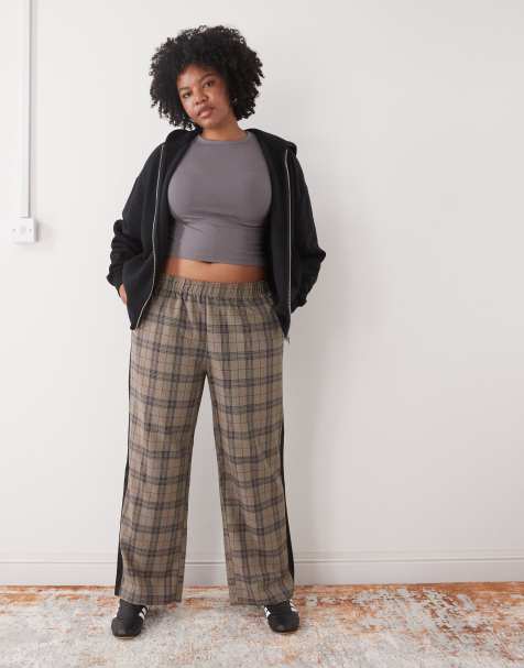 Noisy May Curve wide leg pants with side stripe in beige check - view 1