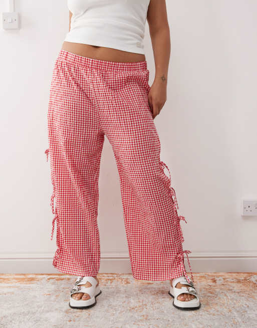 Noisy May Curve wide leg tie detail pants in red gingham, 2 of 5