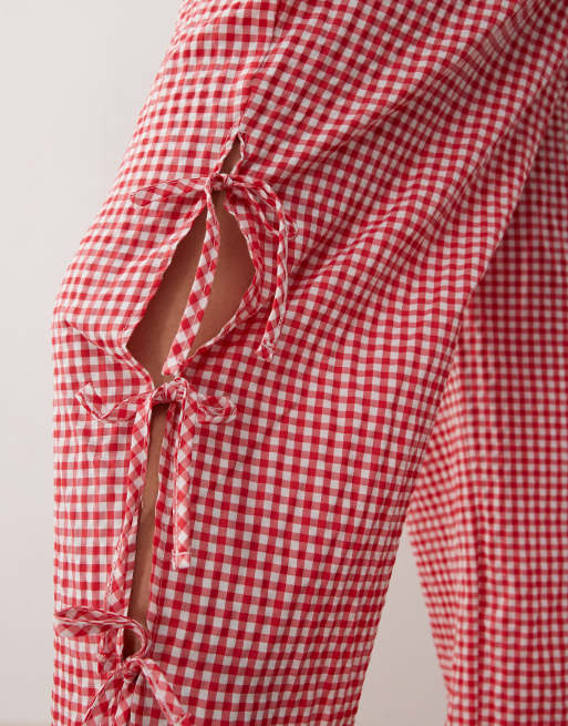 Noisy May Curve wide leg tie detail pants in red gingham, 3 of 5