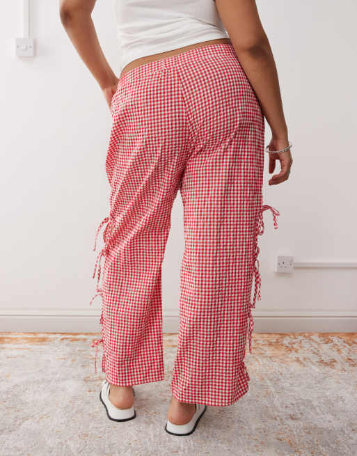 Noisy May Curve wide leg tie detail pants in red gingham, 4 of 5