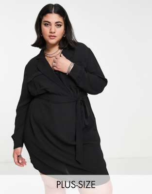 Noisy May Curve wrap tie waist mini shirt dress in black | ASOS