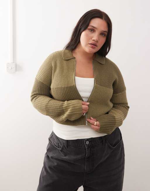 Noisy May Curve – Zapinany na zamek sweter z kołnierzykiem polo z dzianiny o warkoczowym splocie w kolorze khaki