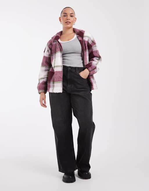 Noisy May Curve zip through fleece in burgundy and cream check, 2 of 4