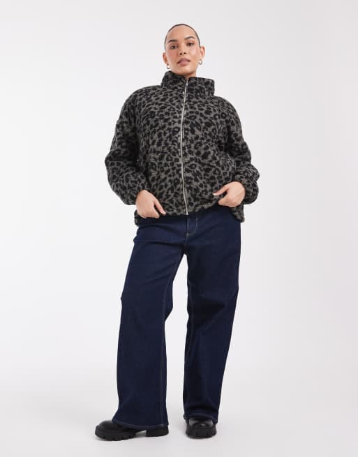 Noisy May Curve zip through fleece in gray leopard, 2 of 4