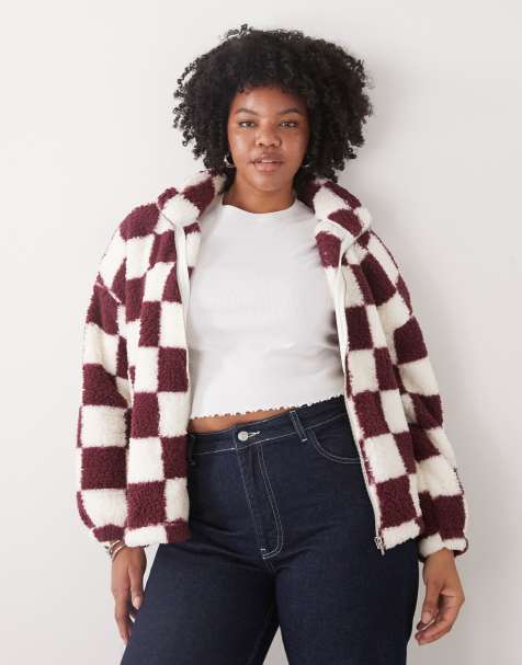 Noisy May Curve zip-through fleece jumper in burgundy checkerboard - view 1