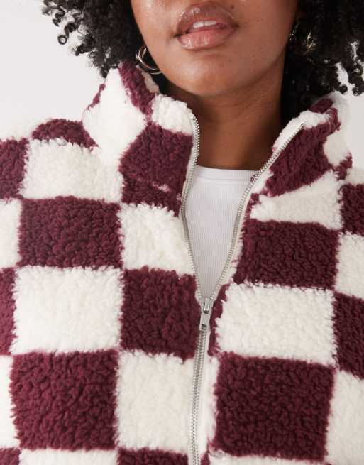 Noisy May Curve zip-through fleece jumper in burgundy checkerboard, 2 of 4