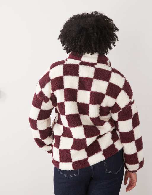 Noisy May Curve zip-through fleece jumper in burgundy checkerboard, 4 of 4