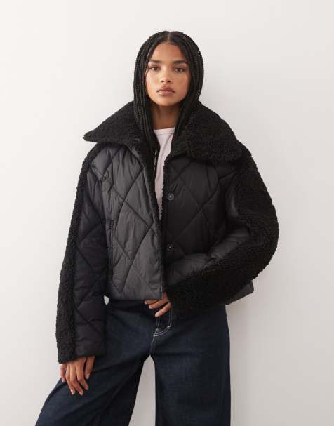 Noisy May collar detail quilted short coat with teddy insert in black
