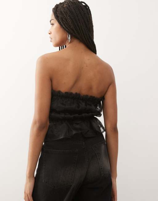 Noisy May – Czarny tiulowy top z dekoltem bandeau, 3 z 4