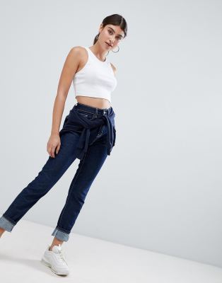 black contrast stitch mom jeans