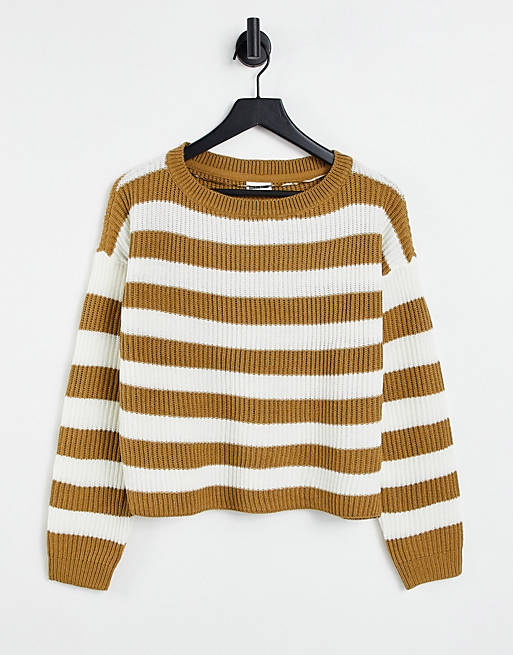Noisy May demi long sleeve boatneck knit jumper in white and beige stripe