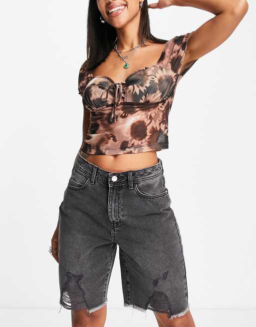 Noisy May - Denim bermuda met distressing en hoge taille in zwart