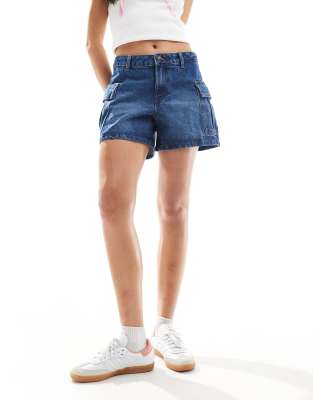 Noisy May Denim Cargo Shorts In Mid Wash Blue