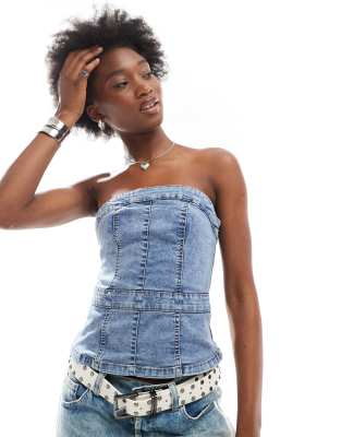 denim corset top in blue acid wash