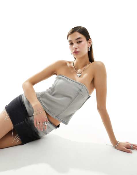 Noisy May denim corset top in light gray wash - view 1