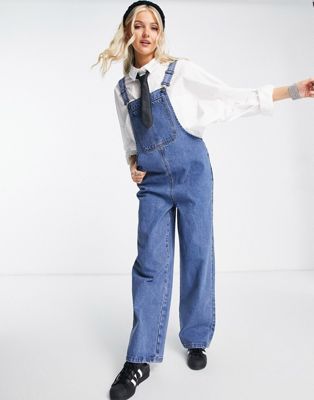Noisy May denim dungarees in mid wash blue