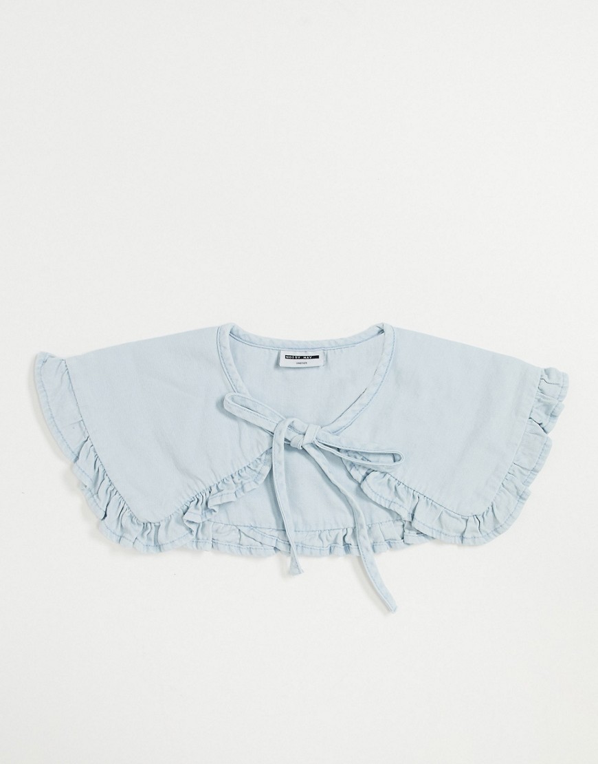 Noisy May denim frill detail tie collar in bleached blue-Blues